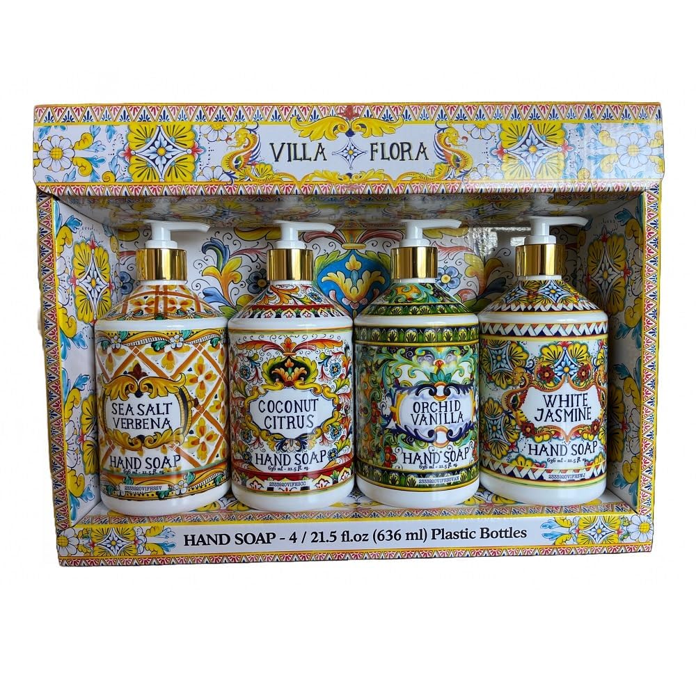 Villa Flora Hand Soap Collection 16 FL/473ml Bottles infused with Essential Oils (SET OF 4) Sea Salt Verbena, Coconut Citrus, Orchid Vanilla, and White Jasmine