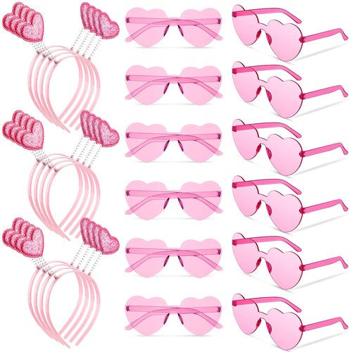MTLEE 24 Pcs Valentines Heart Head Boppers Headbands and Heart Shape Sunglasses Valentines Party Supplies Wedding Photo Prop (Pink)