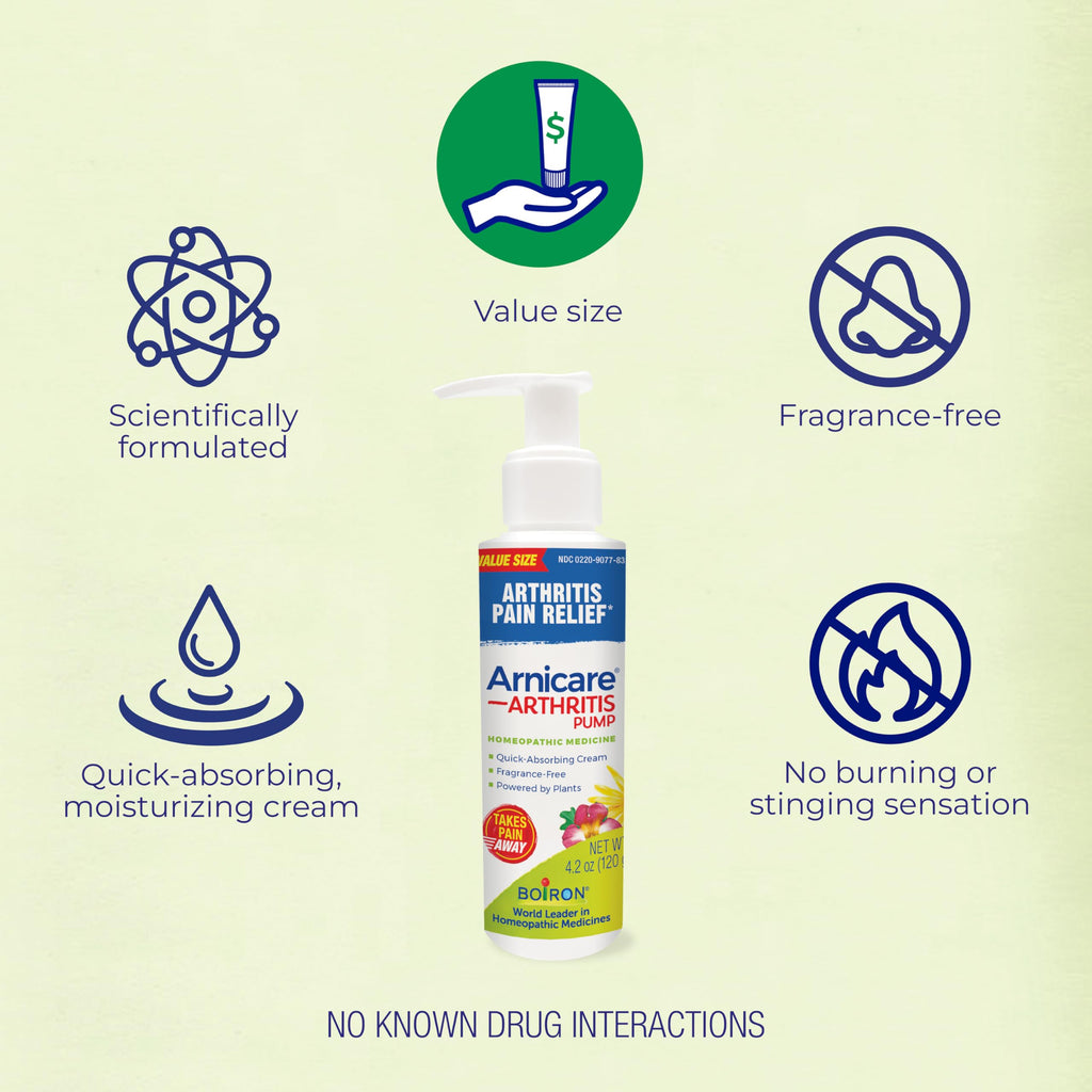 Boiron Arnicare Arthritis Cream Pump for Pain Relief of Knees, Hands, Wrists, Elbows, Joints & Muscles – Quickly Absorbed & Fragrance-Free – 4.2 oz
