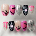 24pcs Halloween Press on Nails Short Almond Fake Nails with 3D Pumpkin Pink Heart Designs Cute Ghost False Nails Bat Spider Web Acrylic Nails Kit Full Cover Glue on Nail for Women Nail Decoration