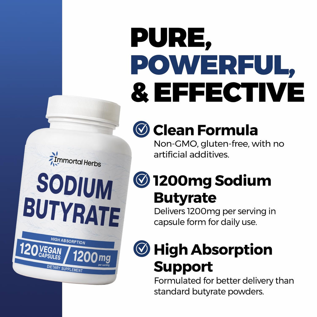 Immortal Herbs Sodium Butyrate Capsules 1200mg, High Absorption Postbiotic, 120 Count, Standardized Butyric Acid, Vegan, Non-GMO & Gluten-Free Butyrate Supplement for Women and Men
