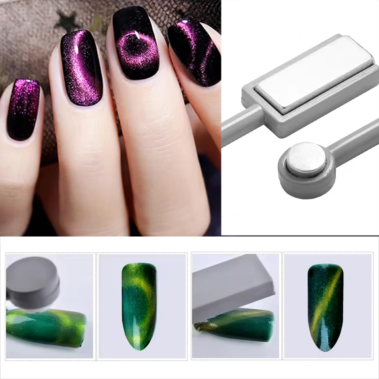 WOKOTO 2 PCS Cat Eye Magnets For Nails Set With 5 Pcs Iron Y-Shape Heart Cat Eye Designs Nail Magnet Tools, Big Double-Side Silver Cylinder Nail Magnets For Nail Art, Heart Magnet Tools For Nails