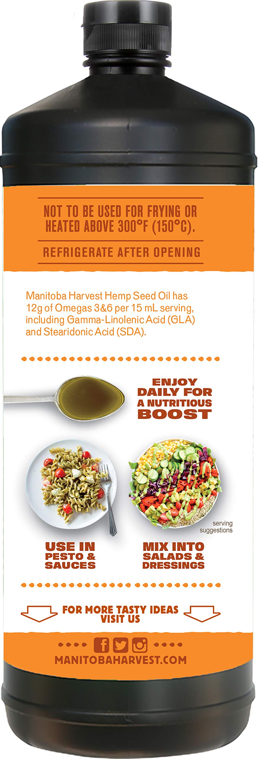 Manitoba Harvest Hemp Seed Oil, Cold Pressed, Premium Quality, 12g of Omegas 3 & 6 Per Serving, Hydrate & Nourish Skin - Non GMO, Vegan, Gluten Free, Great for cooking, salad dressings, 32 Fl Oz