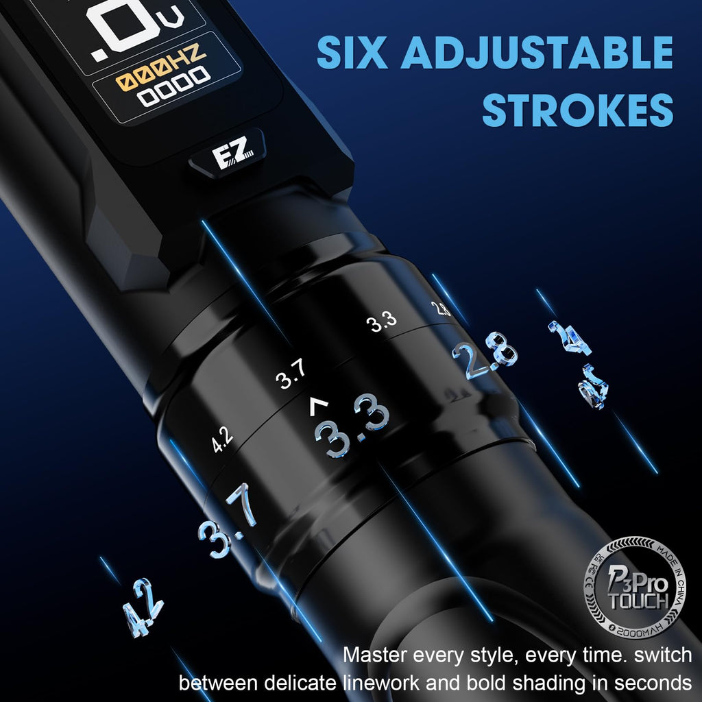 EZ P3 Pro Touch Tattoo Gun, Large Touch Screen Tattoo Machine with 6 Adjustable Strokes 2.0-4.2mm, 2 OLED Digital Display 2,000mAh Power Supply Extra Battery (Black)