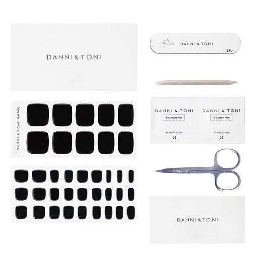 DANNI & TONI Semi Cured Gel Pedi Strips (Black Panther) Toenail Black Solid Color Pedicure Gel Nail Stickers for Toes 37 Stickers
