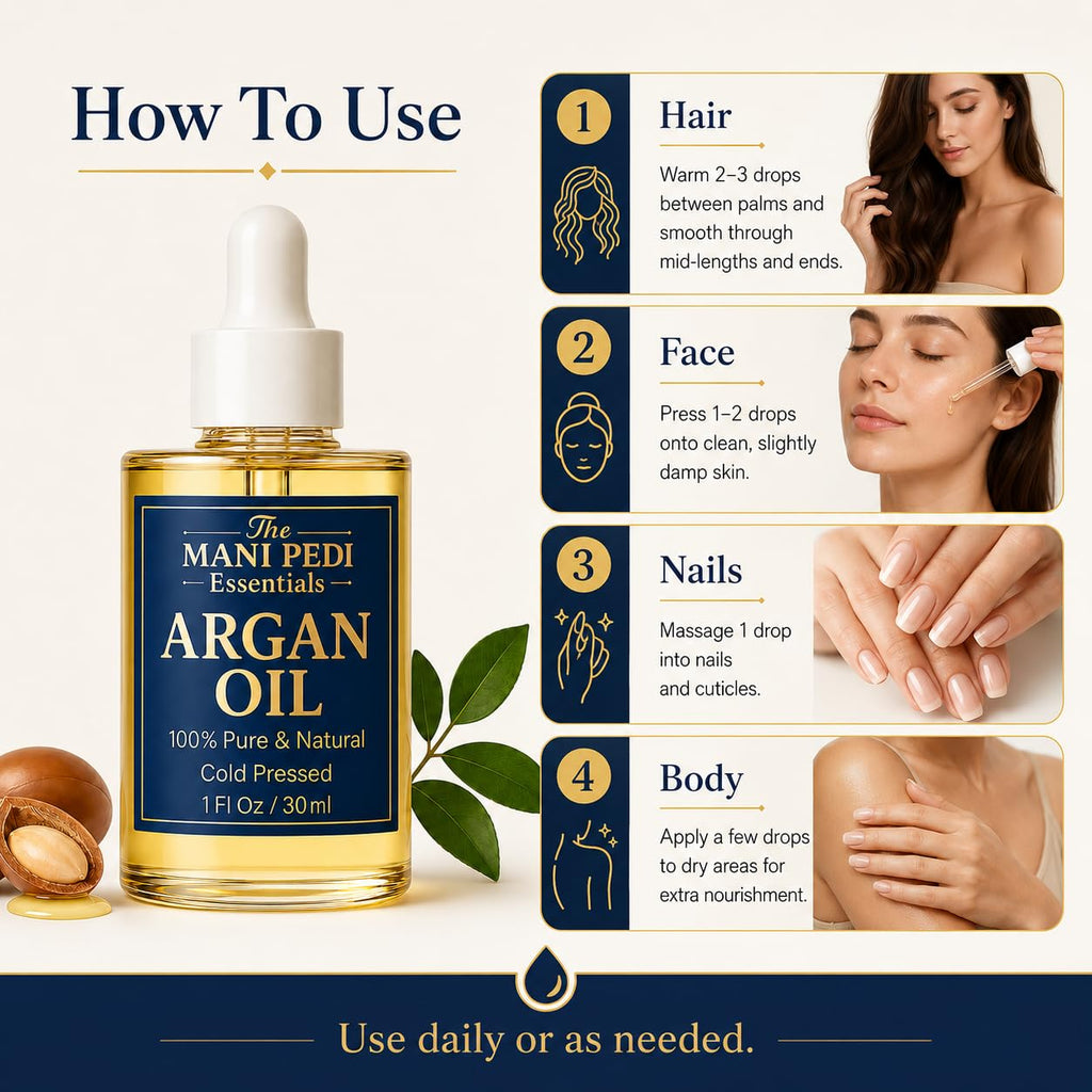 The Mani Pedi Essentials TMPE Argan Oil for Hair & Skin – 100% Pure Cold-Pressed Argan Oil, Lightweight Non-Greasy Hair Oil for Dry Damaged Hair, Face & Body Moisturizing Oil, Daily Use – 1 fl oz