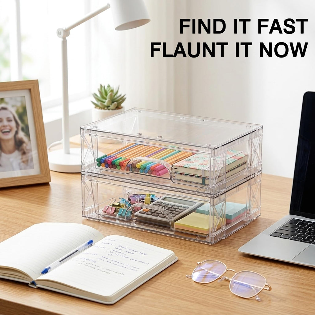 Clear Stackable Storage Drawers 2 Pack 3.5in Organizer Plastic Bins
