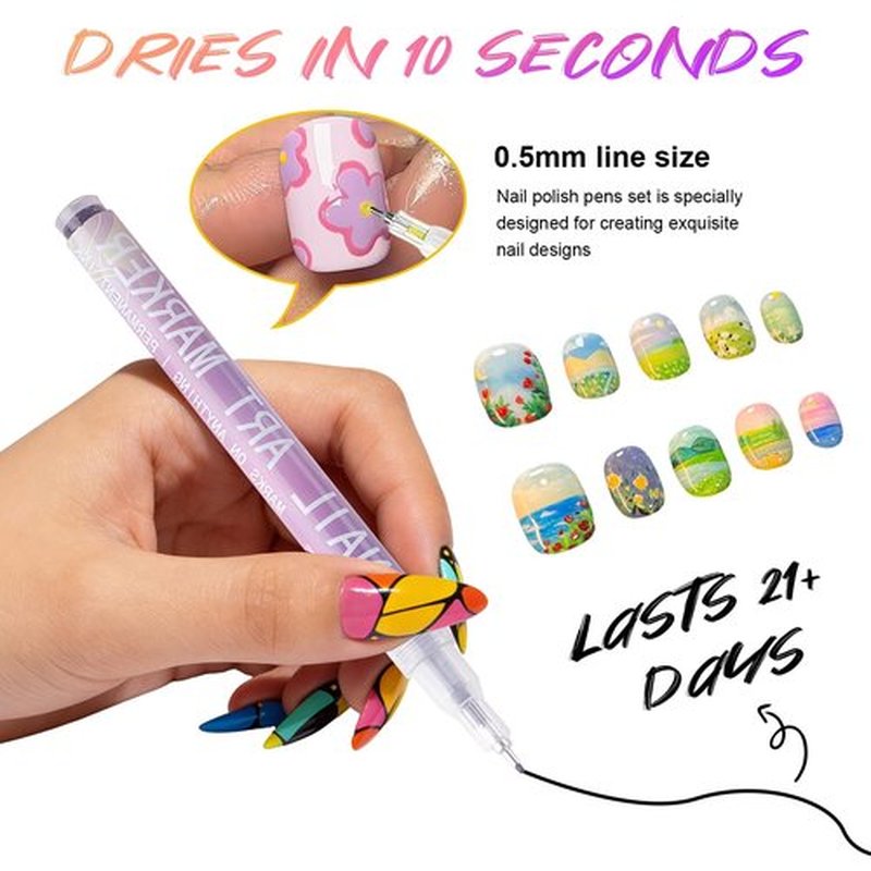 12 Colors Nail Art Markers Set: 0.5mm Fine Nail Art Pens, Waterproof & Quick-Dry Nail Polish Pens for Professional Nail Design, Dotting, Lining, Lettering, and DIY Manicure Art