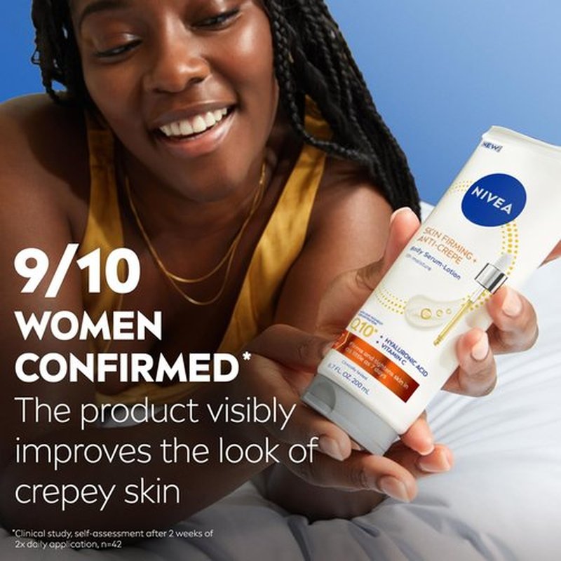 NIVEA Skin Firming & Anti Crepe Body Serum-Lotion with Q10, Hyaluronic Acid and Vitamin C, 72-Hour Moisture, 6.7 Fl Oz Tube