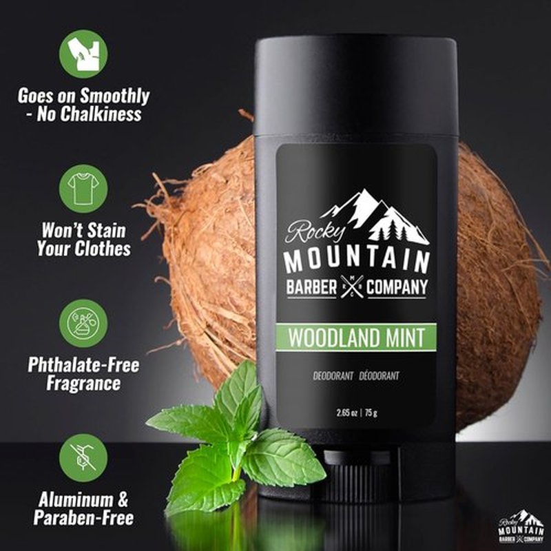 Rocky Mountain Barber Company Natural Deodorant for Men - Aluminum-Free, Plant-Based with Peppermint - Woodland Mint Scent, 2.65 oz Each