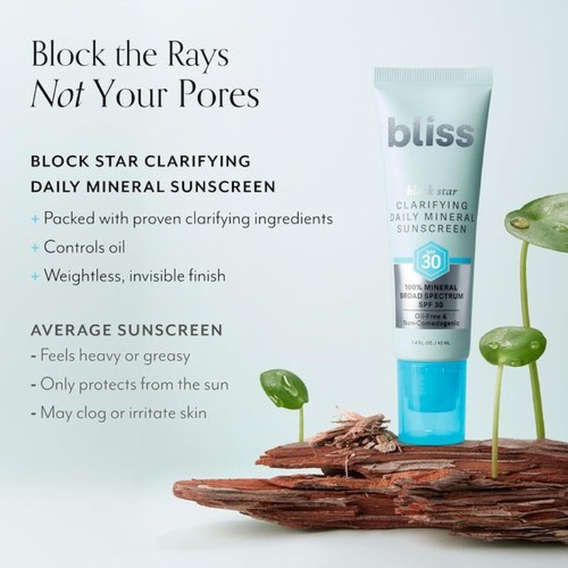 Bliss Block Star Sunscreen - Clarifying Daily Mineral SPF 30 for Blemish-Prone Skin | 1.4 Fl Oz