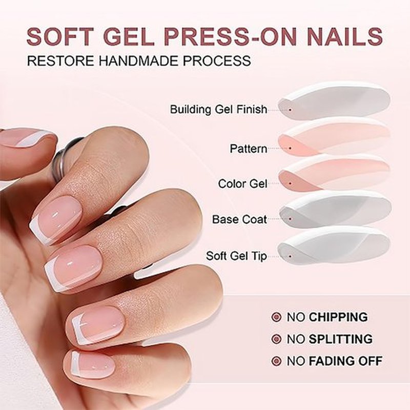 RTKHFZE French Tip Press On Nails - Square Press On Nails Short, Jelly Square False Nails,Natural Fake Nail with Nail Glue, Reusable Glue On Nails in 16 Sizes - 32 Fake Nails Kit for Gift Idea