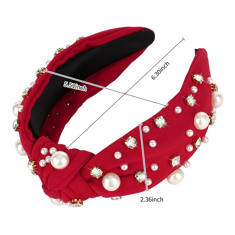 Uintoon Red Headband for Women Pearl Knotted Headband Sparkly Rhinestone Pearls Top Knotted Headbands Womens Fashion Hair Accessories Cute Hair Bands