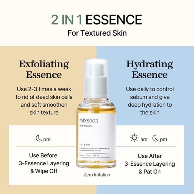 mixsoon Bean Essence-Exfoliating, Hydrating, Fermented Bean Extract, Gentle Formula for Smooth Skin 30ml / 1.01 fl.oz. Korean Glass Skin Care