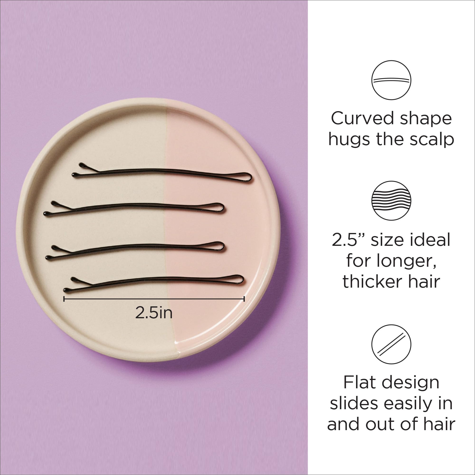 Diane 2.5” Curved Black Bobby Pins, Large Flat Hair Pins with Ball Tips for Long & Thick Hair, Updos, Flyaways, Protective Hairstyles & Doobie Wraps, Hair Accessories for Women, 40 Count