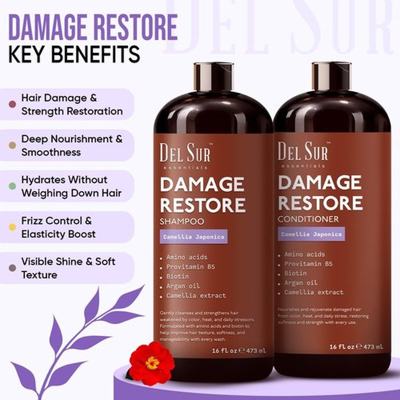 DEL SUR Hair Repair Shampoo & Conditioner Set - 16 Fl Oz Each | Moisturizing Formula with Biotin & Argan Oil for Damaged Hair