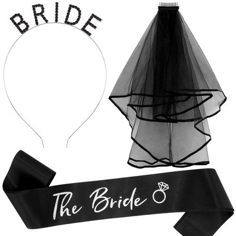 KICOSY Black Bride Headband, Black Veil & Sash for Gothic Wedding, Bachelorette Party & Engagement