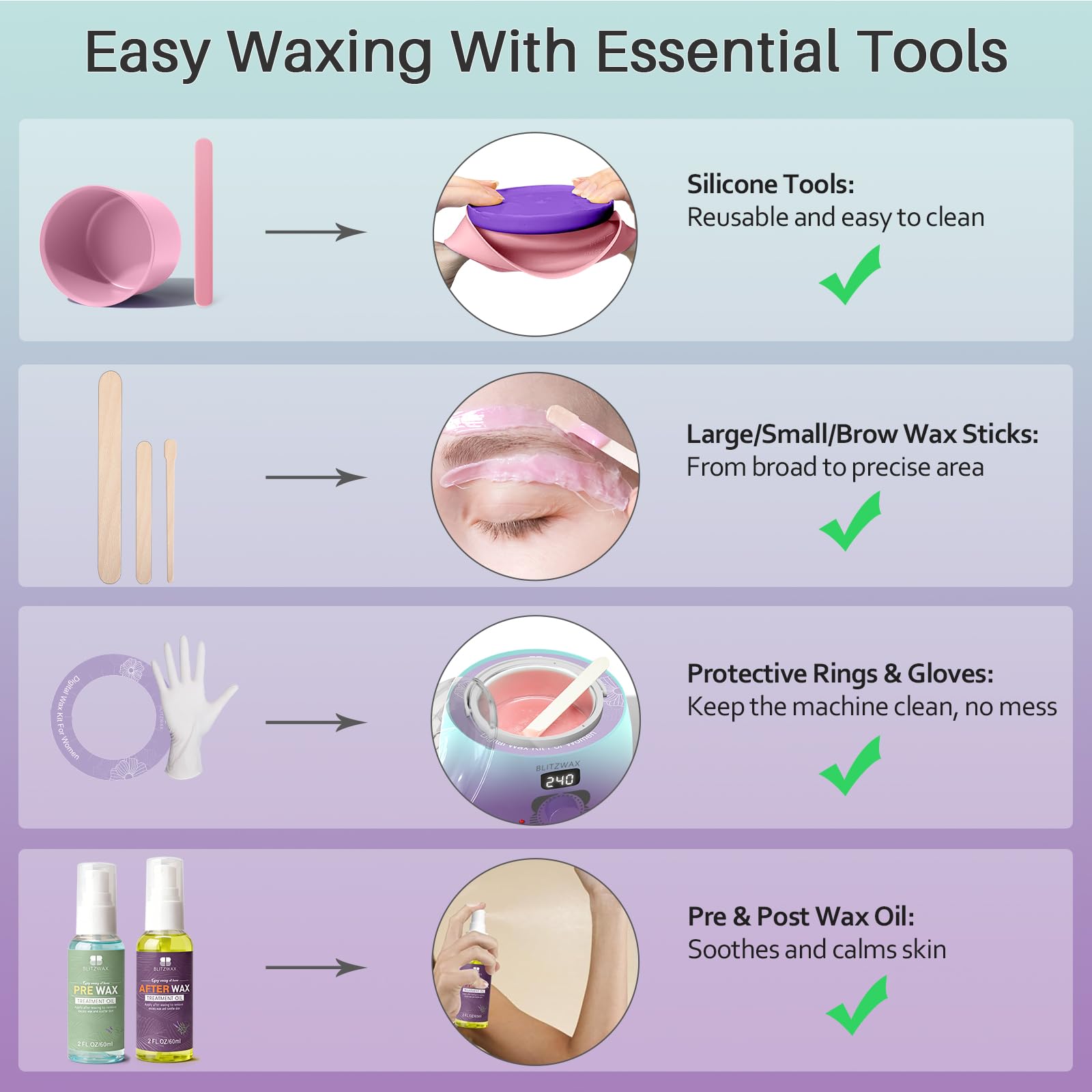BLITZWAX Brazilian and Bikini Waxing Kit for Women, Hard Wax Warmer for Face, Legs, and Body, At Home Hair Removal Kit, Beginner Friendly, Quick Heating, 32pcs Wax Spatulas