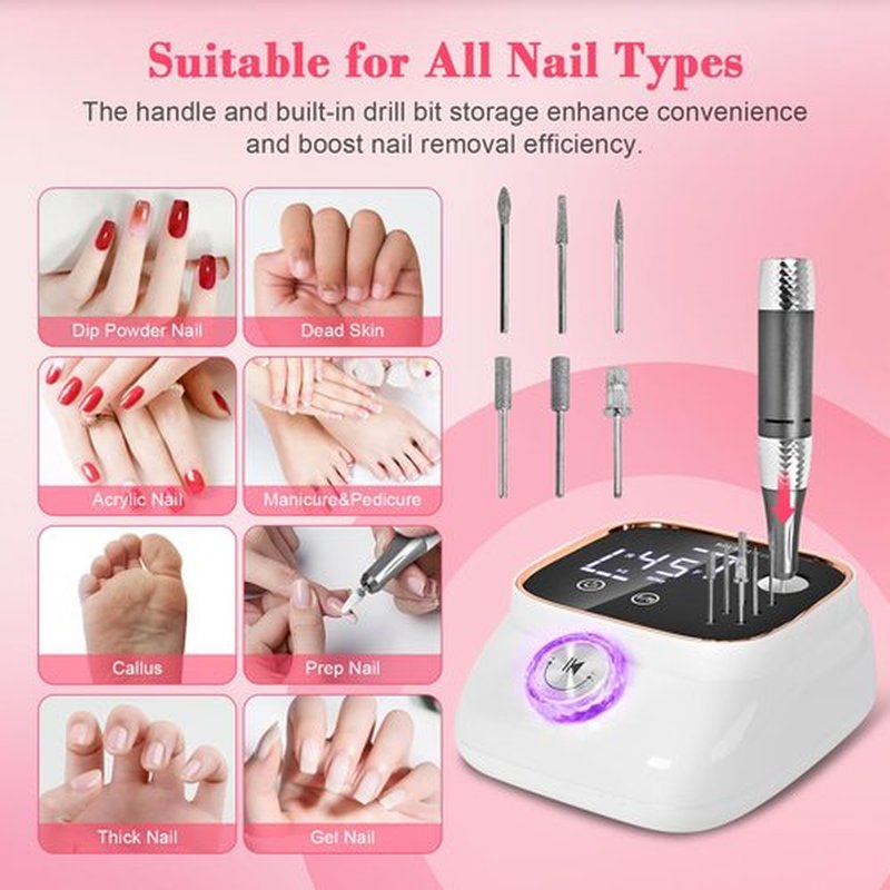 Premium Professional Electric Nail Drill & File Kit — 45,000 RPM High-Speed Handpiece with LCD Display, 7 Versatile Bits, Low Noise & Heat, Perfect for Salon & Home Use(White)