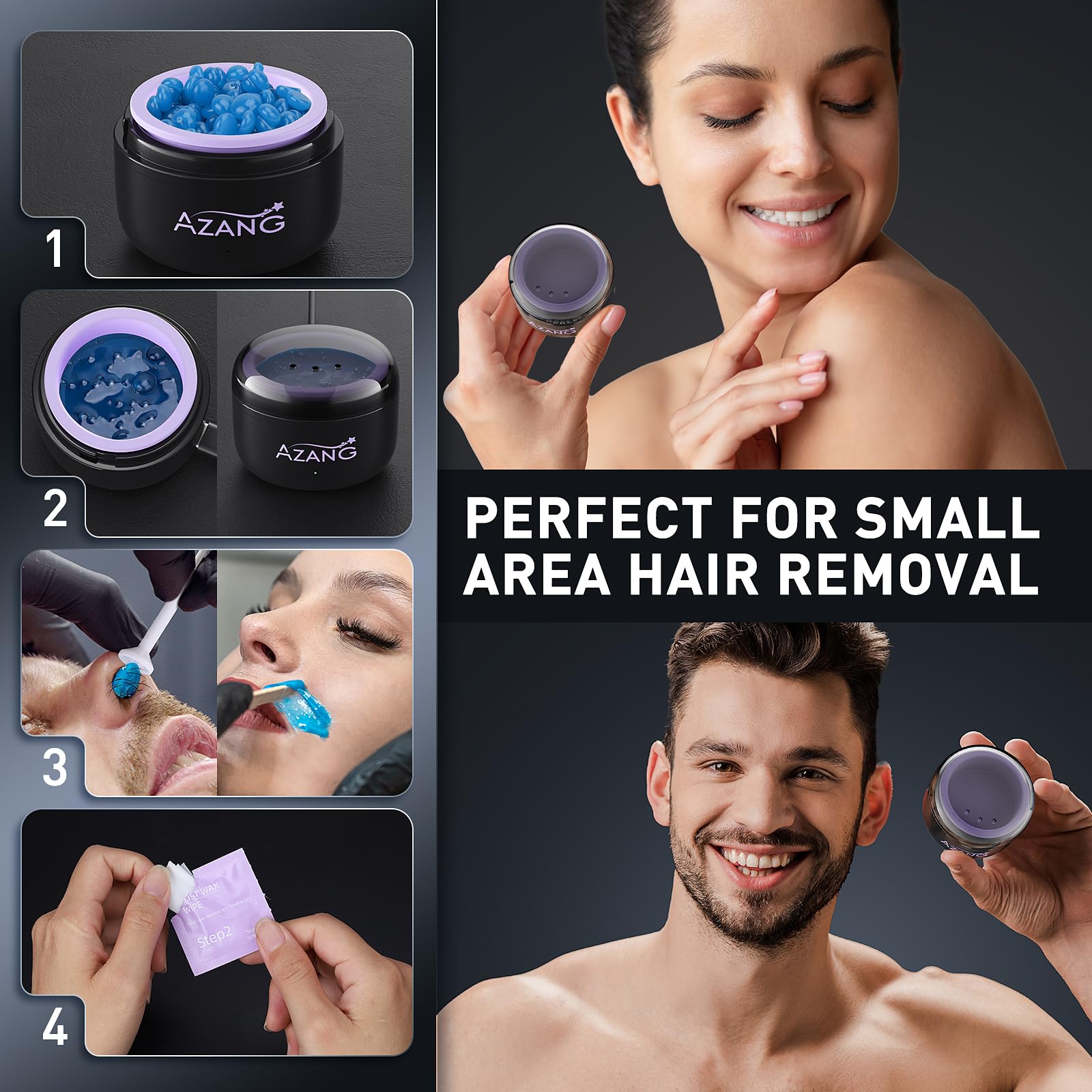 Azang Nose Wax Kit Portable Warmer ｜100g Wax｜Rapid Heating｜24 Applicators + 12 Nose Hair Sticks｜3 Silicone Pots｜Travel Size｜Unisex｜Global Recycled Standard