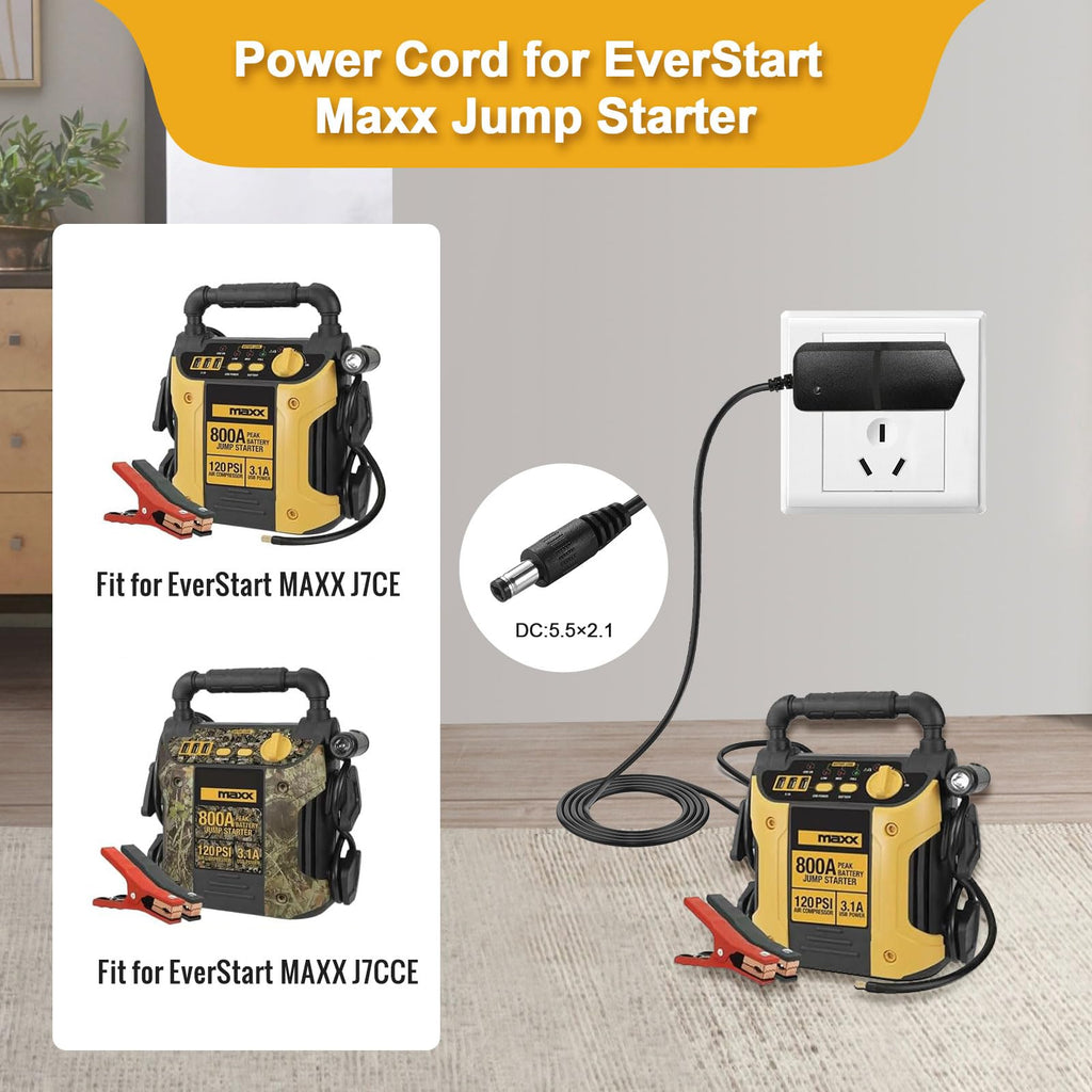 12v Jump Starter Charger for Yongdong Maxx Power Supply with Yongdong Max J7CCE/J7CE 800A Peak Power Supply, Equipped with a 120PSI Air Compressor, Providing 3.1A ，12V Power Cord