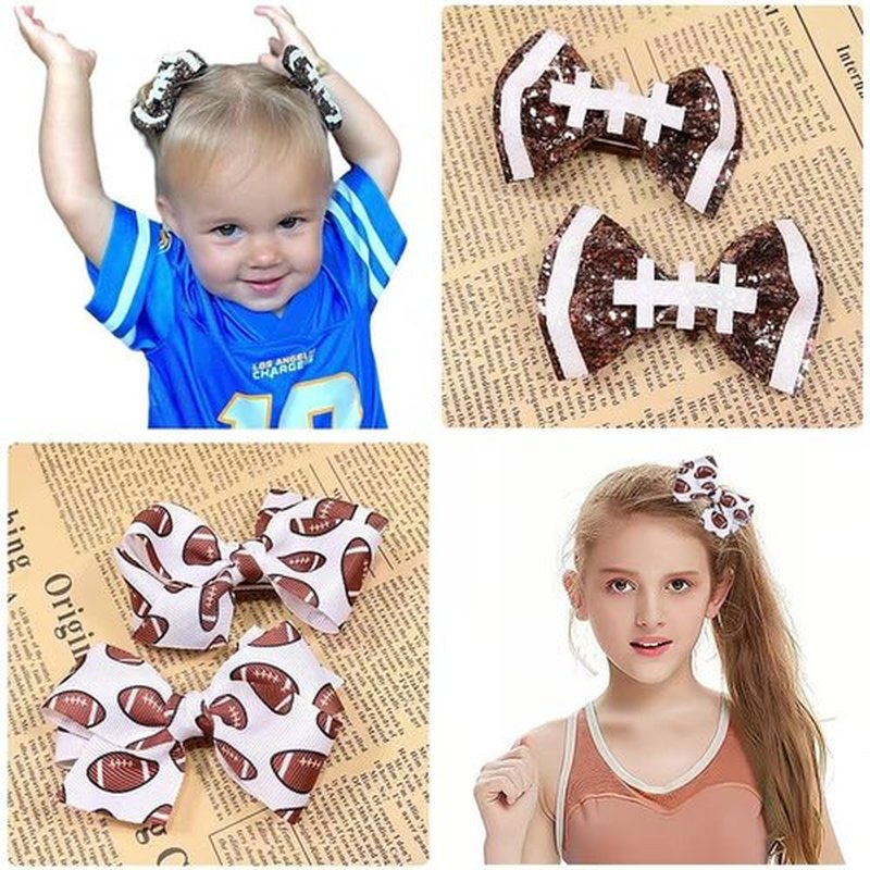 4Pcs Football Hair Bow Clip Glitter Hair Clips, Cheer Bow Hair Clips, Football Party Sports Game Clothing Hair Accessories Supplies Girls, Women