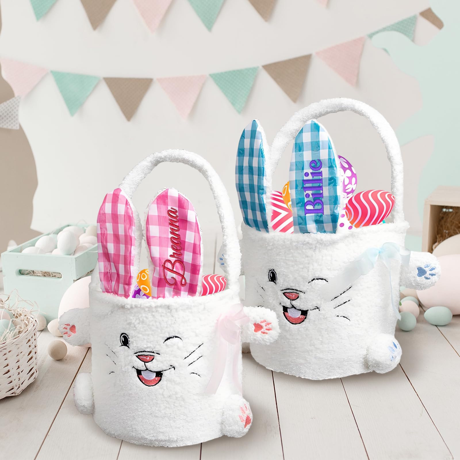 Personalized Easter Bunny Baskets - Custom Easter Basket with Embroidered Name, Fillable Easter Basket for Egg Hunts, Holiday Celebrations & Party Favors