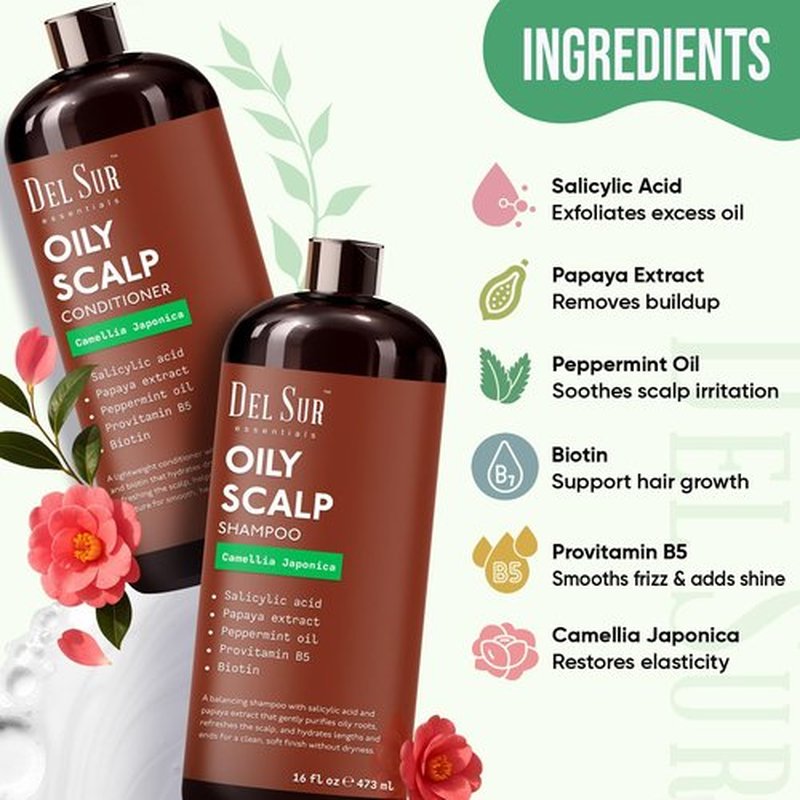 DEL SUR Clarifying Shampoo & Conditioner Set - Oily Hair Control | 16 fl oz | Camellia Japonica, Salicylic Acid, Papaya & Biotin