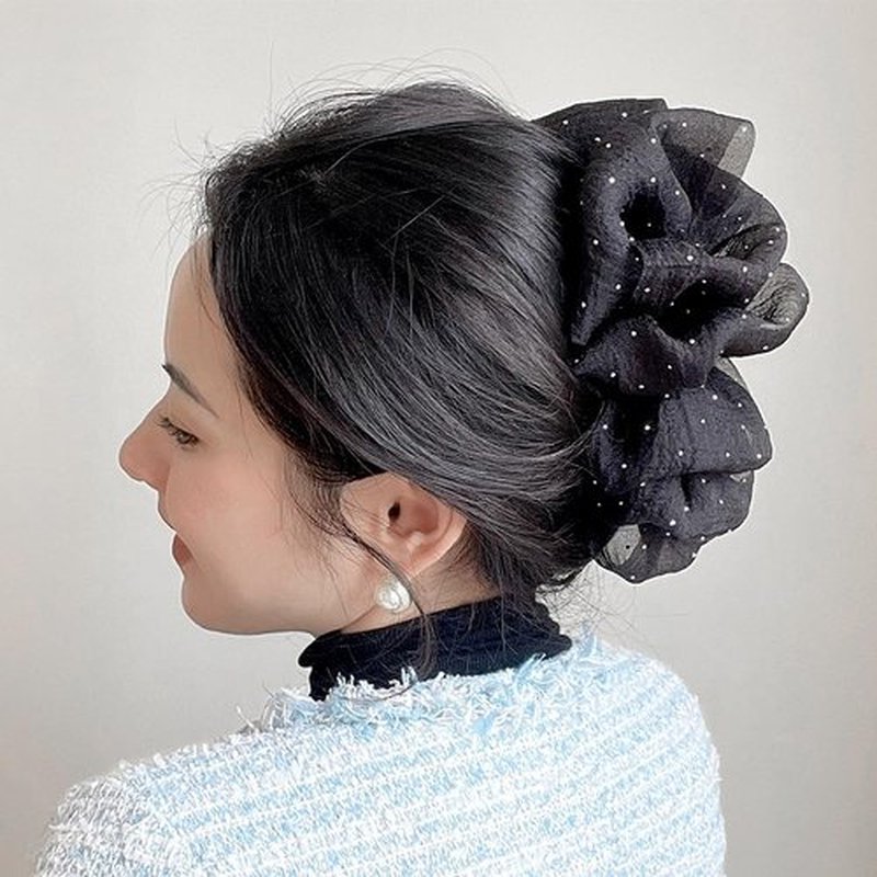 Myhiju Hair Clip, Black Chiffon Mesh Tulle Rhinestone Bow Hair Clip, Strong Hold Silk Bowknot Claw Clip for Women, Hair Accessories for Thick Hair, Daily, Party