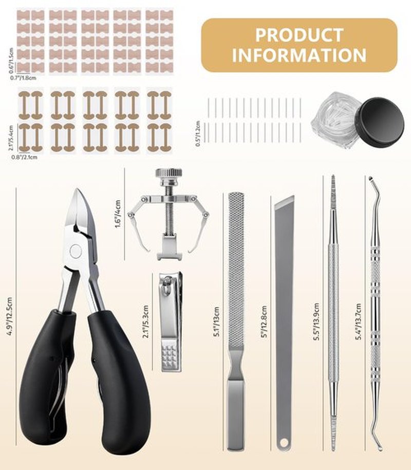 Ingrown Toenail Corrector Set with 50 Positive Nail Strips & 20 Breathable Patches, Professional Pedicure Tool Kit for Curved Toenails, Easy to Use for Beginners