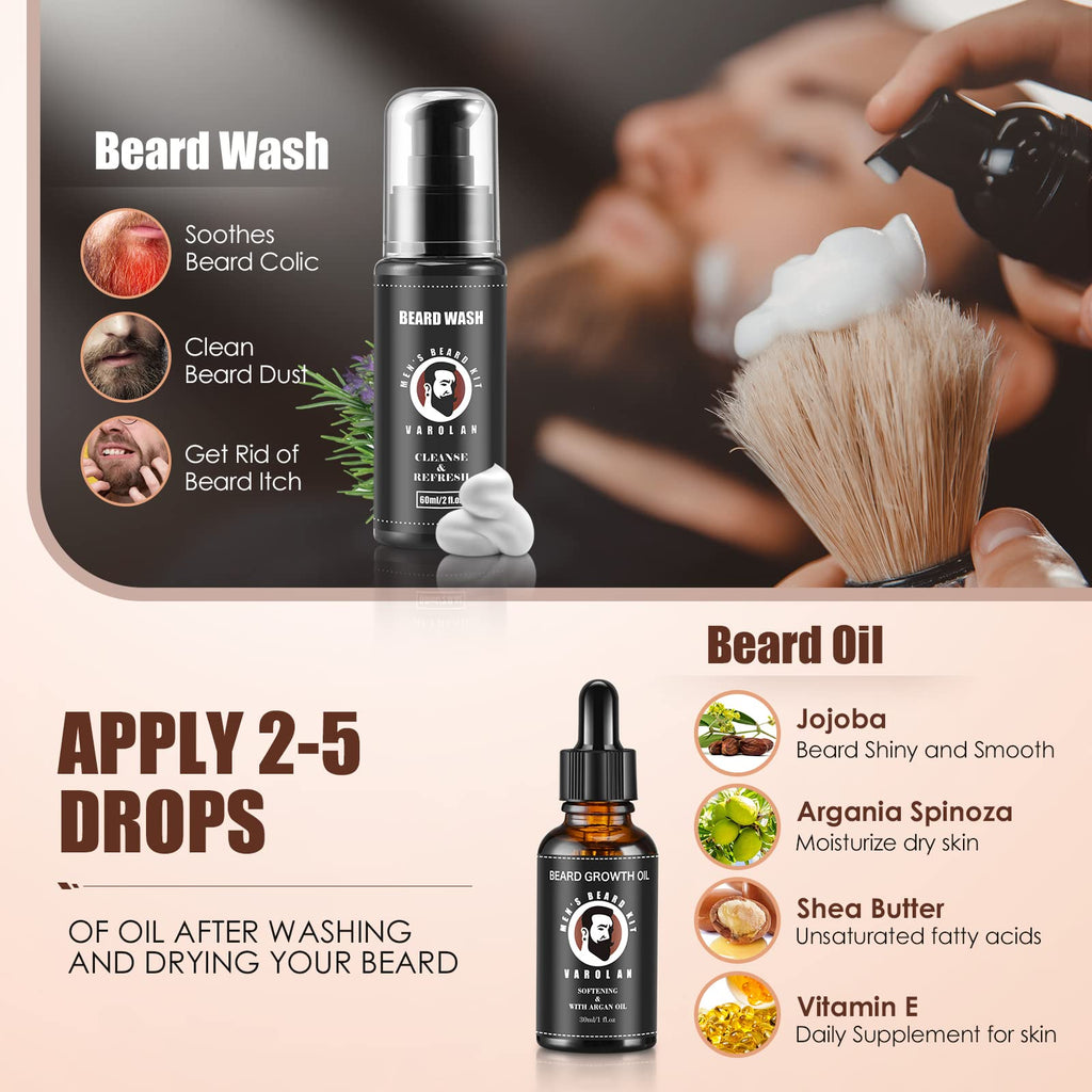Varolan Beard Grooming Kit, Birthday Gifts for Men with Beard Oil, Balm, Brush, Wash, Wax, Comb, Scissors, 1 fl oz