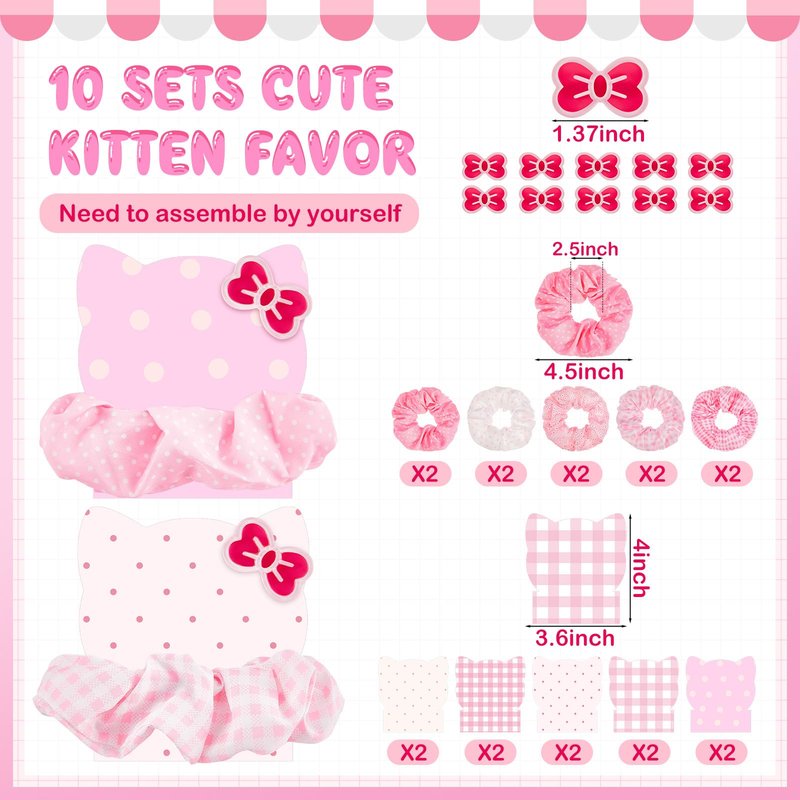 Yuxung 10 Sets Pink Cat Hair Accessories for Women Pink Cat Party Favors Kitten Bow Hair Clips Satin Scrunchies Barrettes Cute Ponytail Holder for Cartoon Kitten Birthday Party Supplies Spa Gifts