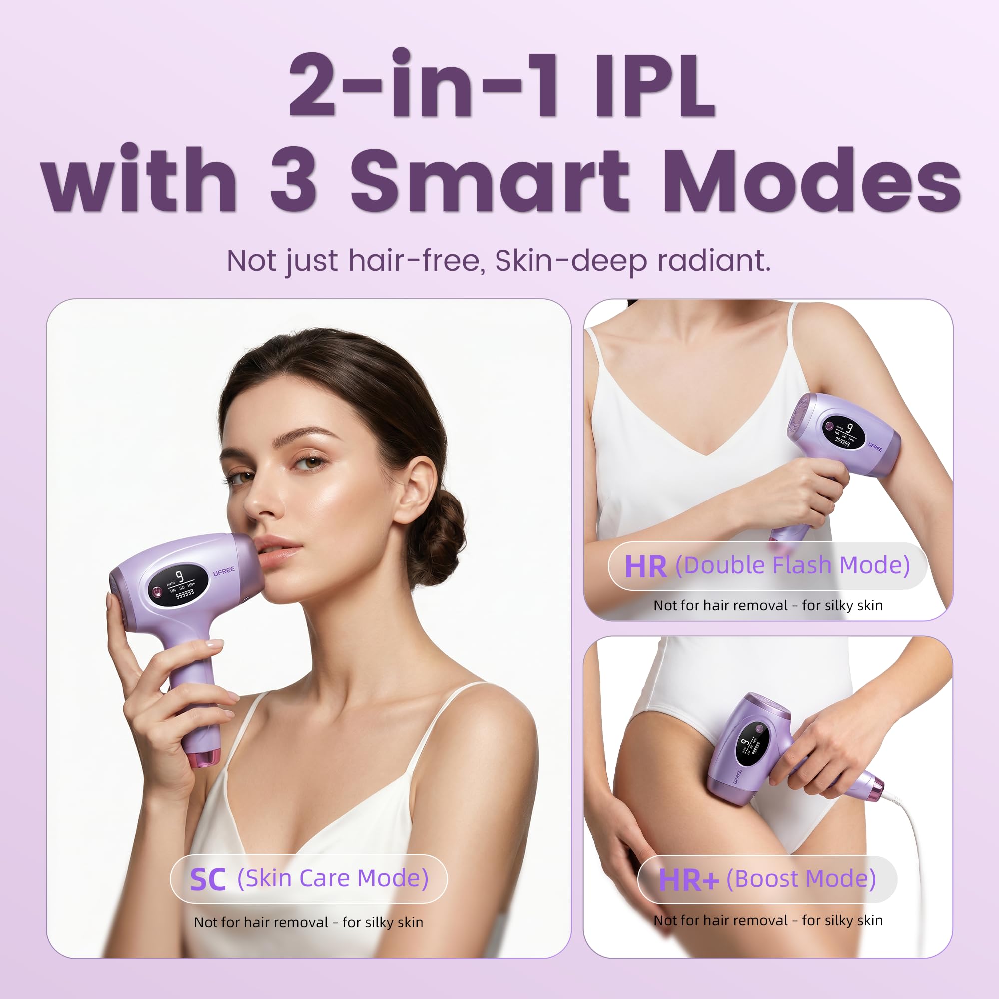 Ufree IPL Hair Removal Device, Full Body for Women Men at Home, Long-Lasting & Painless, 20J & 3 Smart Modes, 990k Flashes, Hair Remover for Armpits Legs Arms Face Bikini Line (Purple)