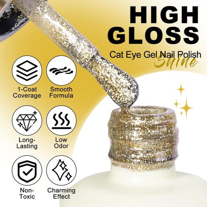 NXJ INFILILA Gold Cat Eye Gel Nail Polish, 0.5 oz Magnetic Gel Nail Polish, Gold Glitter Holographic, Soak Off Salon Gel for Home Use (G05)