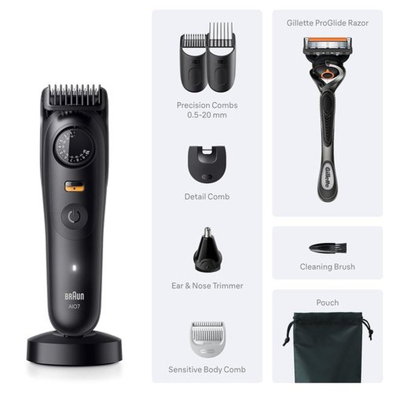 Braun Series 7 All-in-One Beard & Body Grooming Kit - Cordless Trimmer, Clippers & Shaver with Gillette ProGlide Razor | Model AIO 7535
