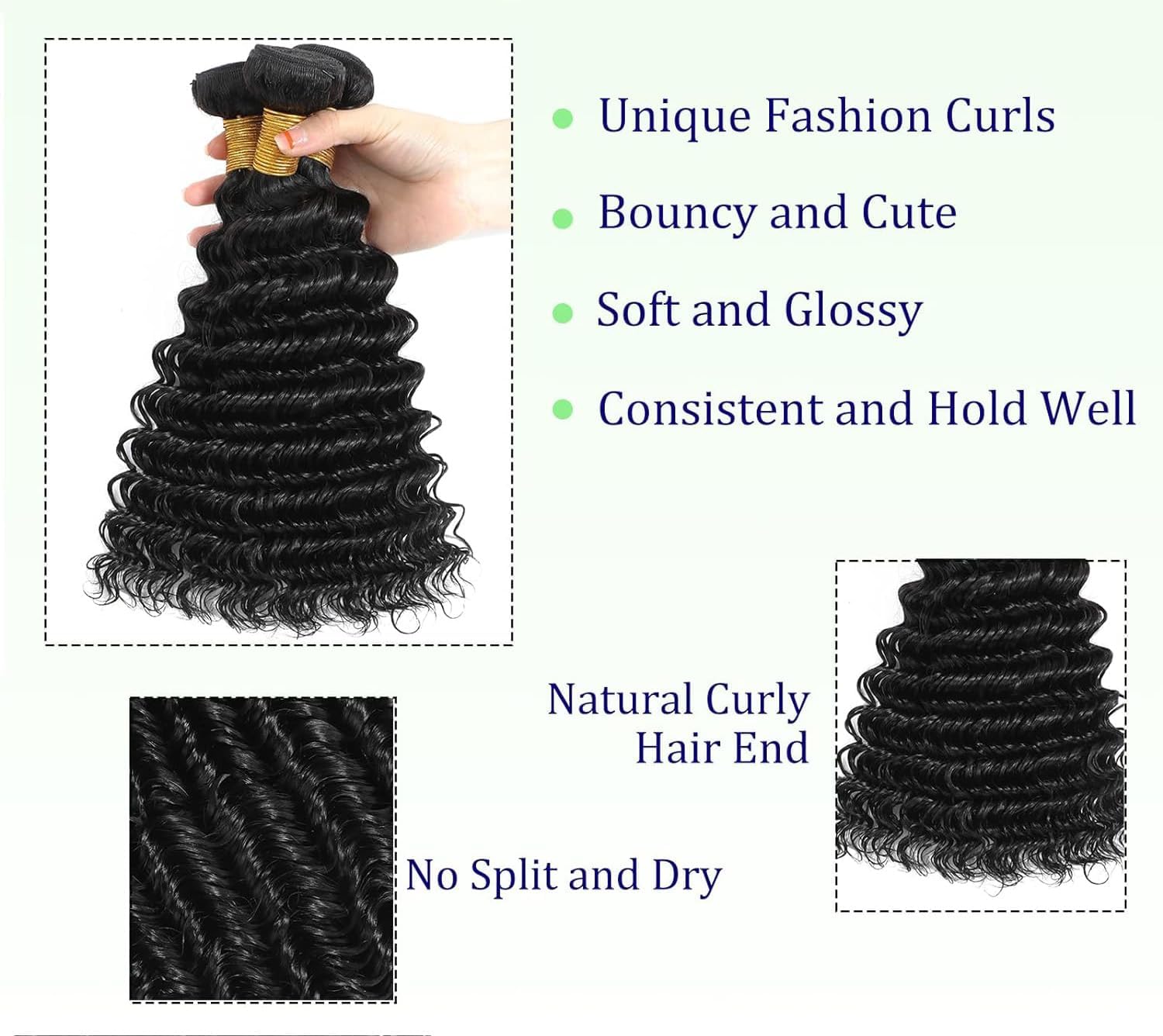 Wahairse Human Hair Bundles 1B Deep Wave Bundles Natural Color Human Hair Unprocessed Brazilian Virgin 3 Bundles Quick Weave Human Hair Extensions 300g (1B# Deep Wave, 14 16 18)