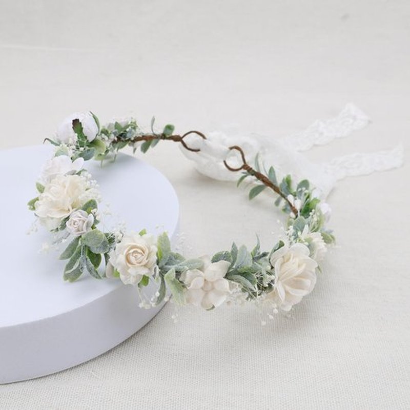 PoshMyra Greenery Flower Crown for Girls White Floral Holo Hair Headpiece Bridal Wreath Bridemaid Crown Rustic Wedding Garland Photo Prop Headband for Child
