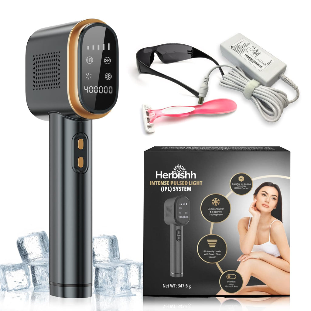 Herbishh At-Home Hair Reduction Handset with Cooling Care, Adjustable Intensity Levels, Dual Mode Personal Grooming Tool for Face & Body, Smooth Skin Light-Based Beauty Tool for Women & Men (Black)