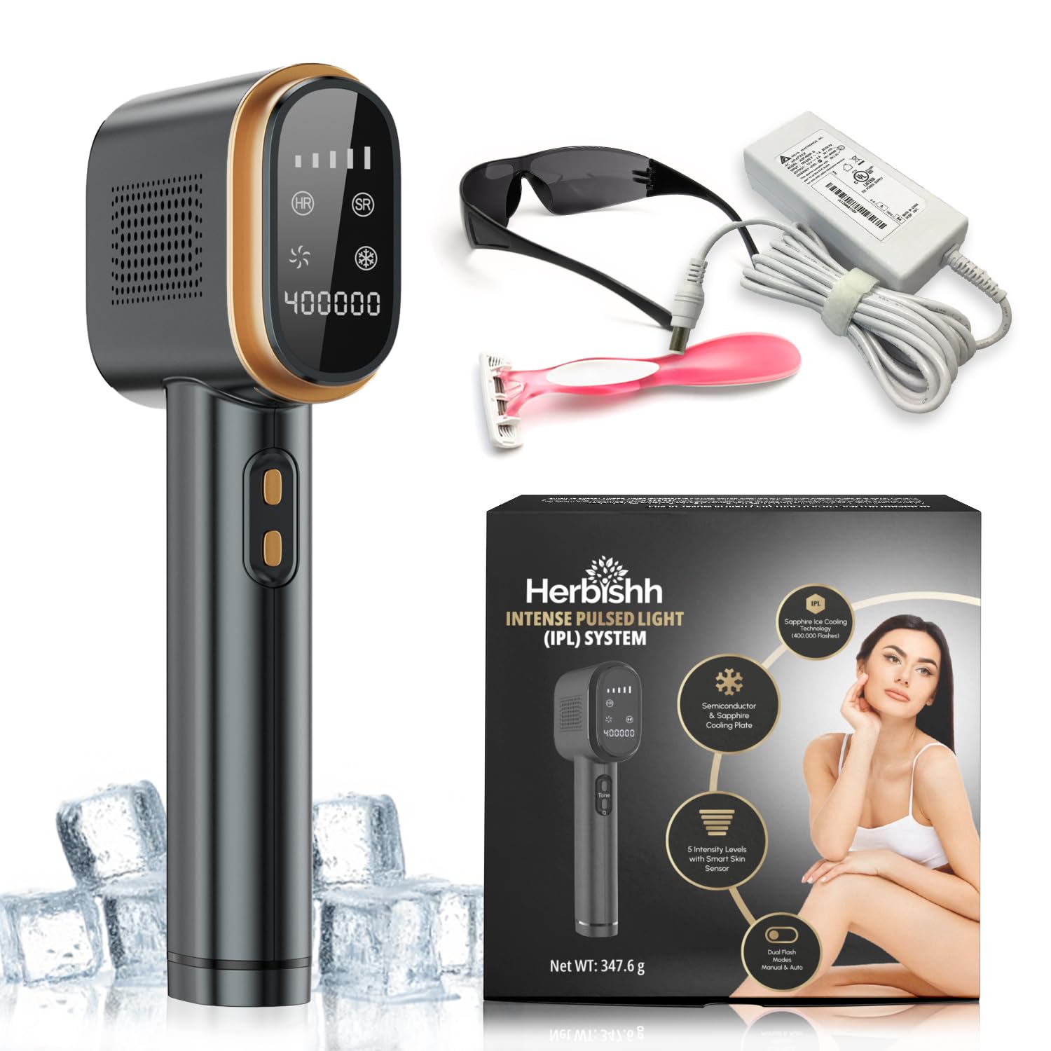 Herbishh At-Home Hair Reduction Handset with Cooling Care, Adjustable Intensity Levels, Dual Mode Personal Grooming Tool for Face & Body, Smooth Skin Light-Based Beauty Tool for Women & Men (Black)