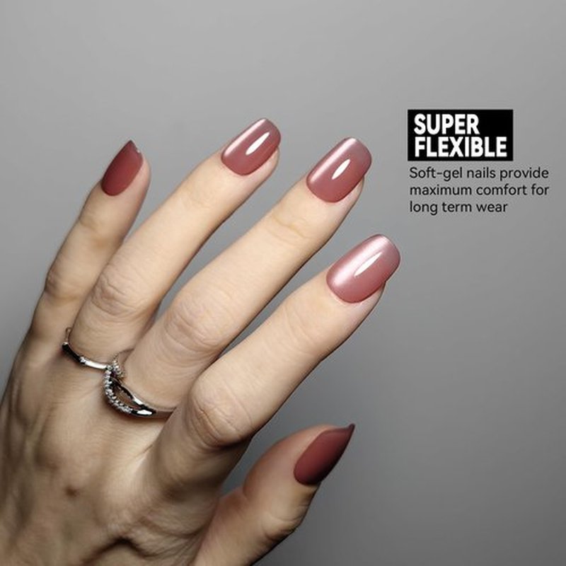 Okiyomi Pink Press on Nails - Dusky Rose Pink Cat Eye Press on Nails | Magnetic Sunset Rose Shimmer - Short Ballerina Squoval Shape - 15 Sizes - 30 Soft Gel Fake Nails with Glue and Stick On Tabs