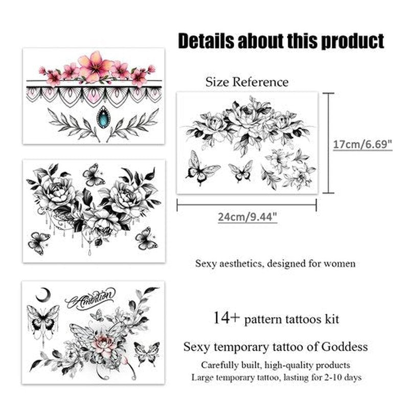ROARHOWL Women Sexy Temporary Tattoo Sexy Tattoo Set Beautiful Exquisite 3D Realistic Flowers, Butterfly, Abdominate, Chest, Waist and Back Applied Fake Tattoo for Girls ((Design 3))