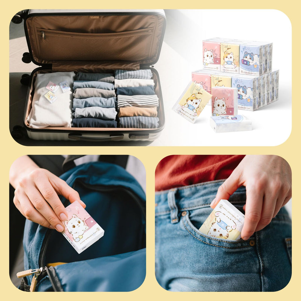 27 Packs Pocket Tissues, Small Travel Size Bulk Facial Paper Towel, Travel Essential, Purse Tissue, Individual Packet, Soft 3 Ply Portable Napkins with Cute Prints for Wedding Party (Cats)
