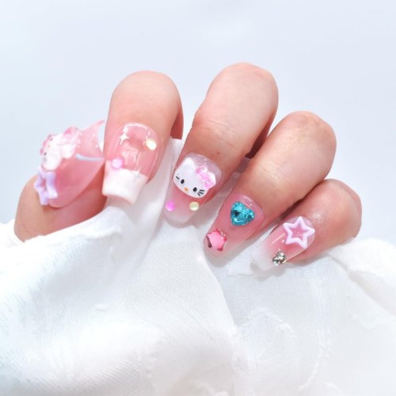 Press on Nails Handmade Short Fake Nails Gel Finished False Nails with Diamond Pearl Stars Charms Cute Cat Square Stick on Nails, Size Small