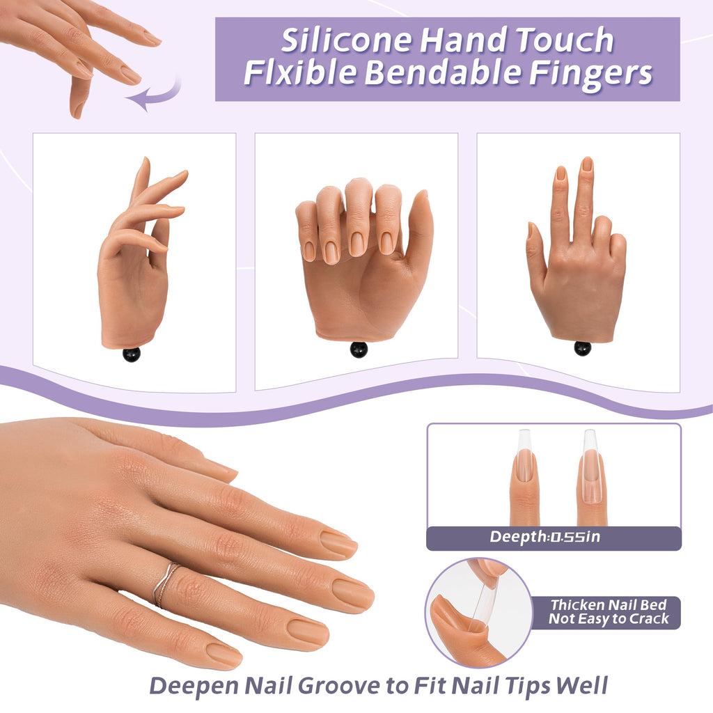 Veikmv Nail Silicone Practice Hand For Acrylic Nails Training Fake Hand Nail Art Practice Tools Hand Tattooed Nail Jewelry Showcase Supplies Manicure Beginners suits