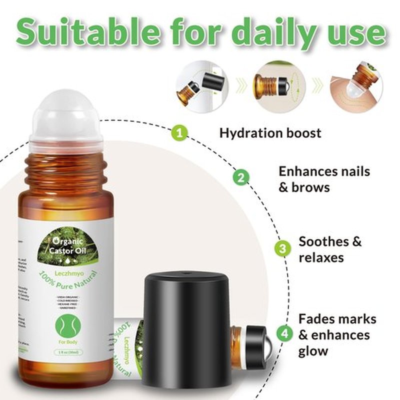 Leczhmyo Organic Castor Oil Roll on for Belly, Face, Body, Under Eyes– Certified Organic, Cold Pressed, Hexane Free, Unrefined – 3 Glass Bottle Pure Roller Ball Castor Oil to Moisturize Skin, Lips
