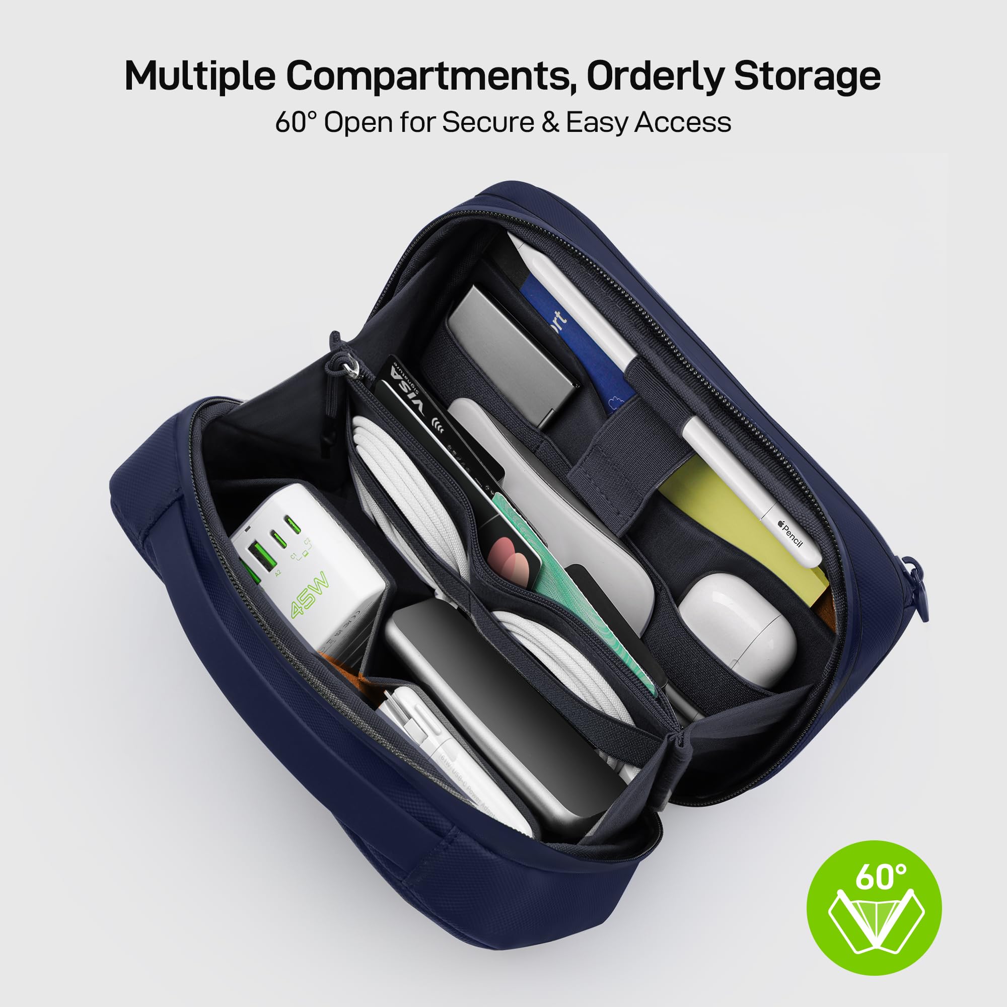 EPICKA Electronics Organizer Travel Case - Cable Organizer Bag for Travel Accessories, Tech Pouch for Cords, Charger, Adapter, Cables, Power Bank, Waterproof Storage Bag with Luggage Strap, Navy