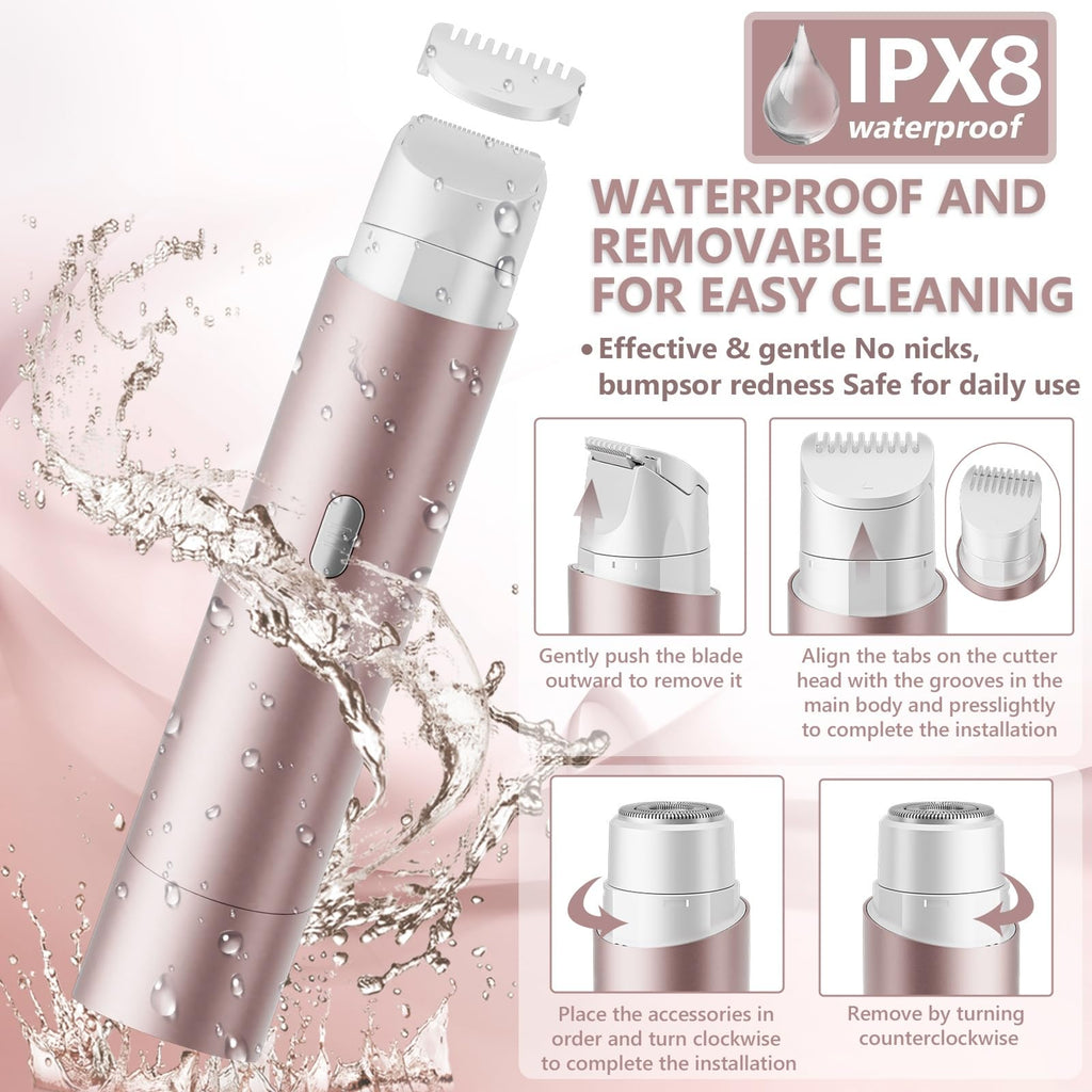 Women's Bikini Trimmers, Dual Head Cordless Body & Face Hair Electric Shaver, IPX8 Waterproof Wet & Dry Razor for Legs, Underarms & Sensitive Skin – Rose Pink