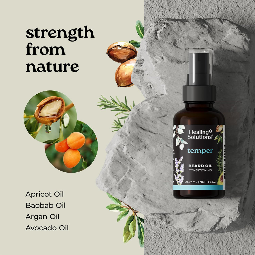 Healing Solutions – Temper Beard Oil, All Natural Oil with Baobab, Argan, & Avocado Oil, 1oz, Deep Conditioning for Soft, Manageable Beard