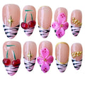 Handmade Press On Nails, 3D Flower Cherry Blossom Design, Medium Almond Shape, Nude Pink with Black Zebra Tips, Reusable Acrylic False Nails (Wild Garden, M)