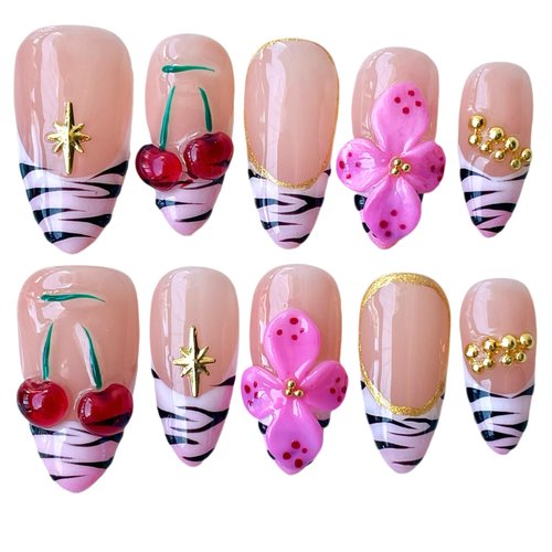 Handmade Press On Nails, 3D Flower Cherry Blossom Design, Medium Almond Shape, Nude Pink with Black Zebra Tips, Reusable Acrylic False Nails (Wild Garden, M)